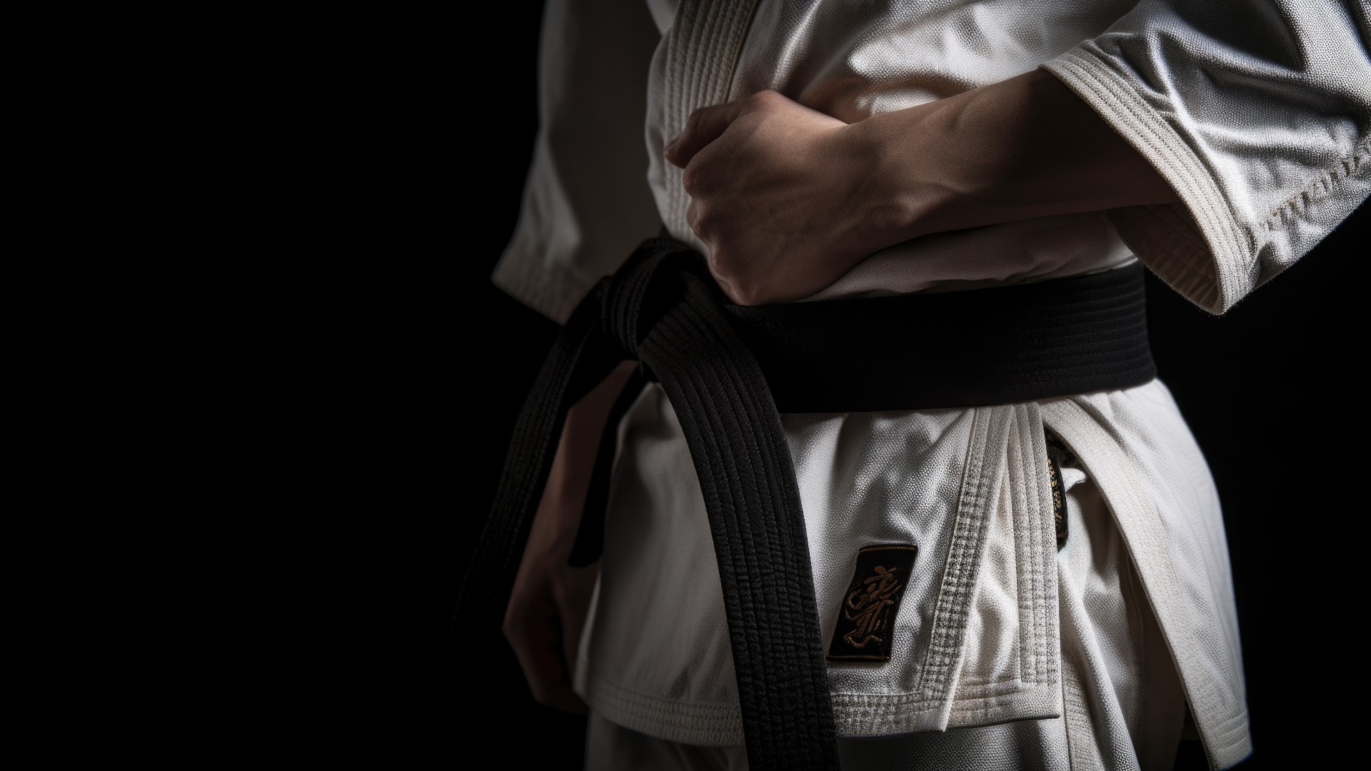 Black Belt Warriors: Person in Kimono and Black Belt on Black Background with Space for Text. Martial Arts Discipline Concept AI Generative