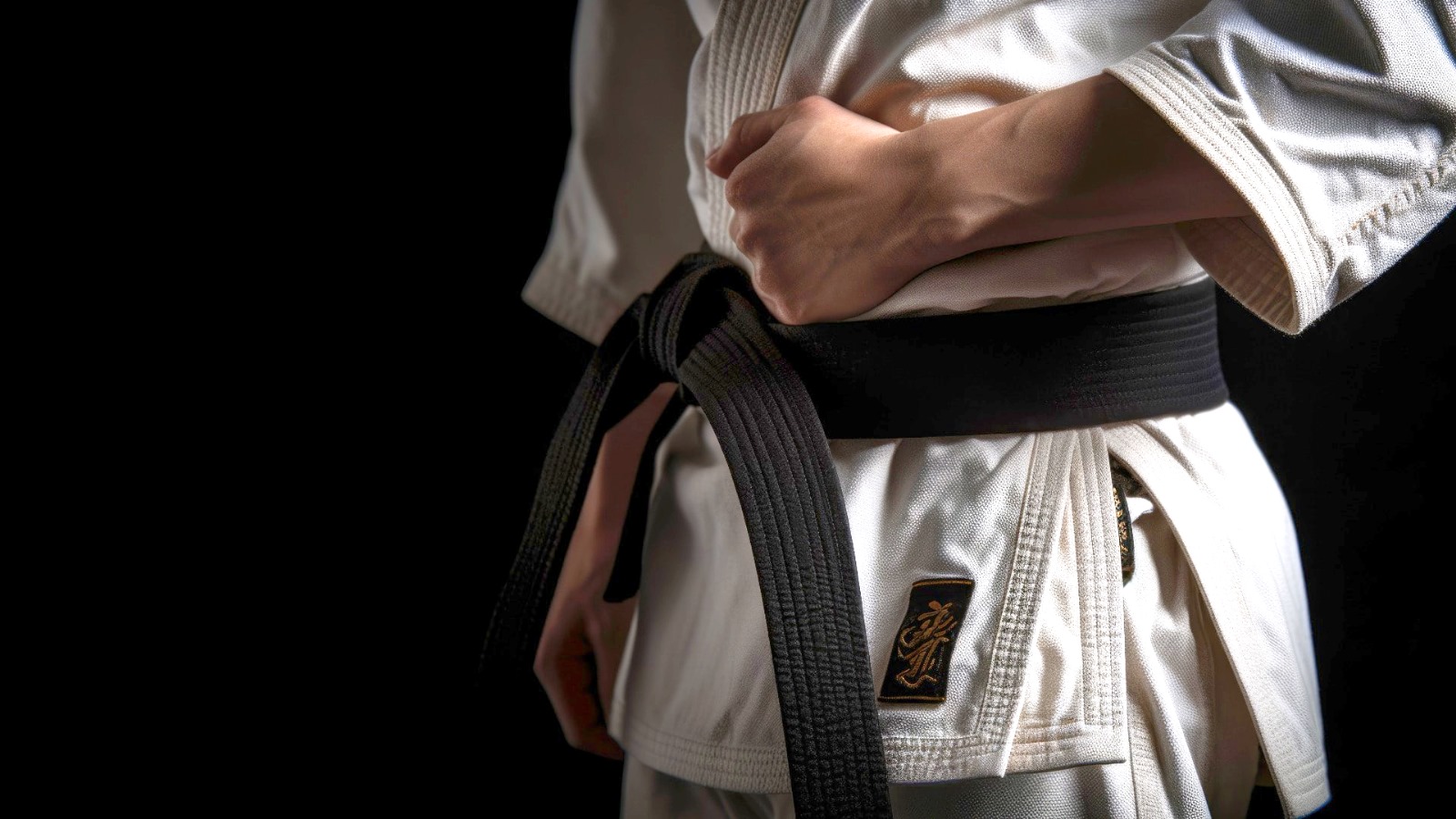 Person in weißem Karate-Gi mit schwarzem Gürtel, ernst und konzentriert.
